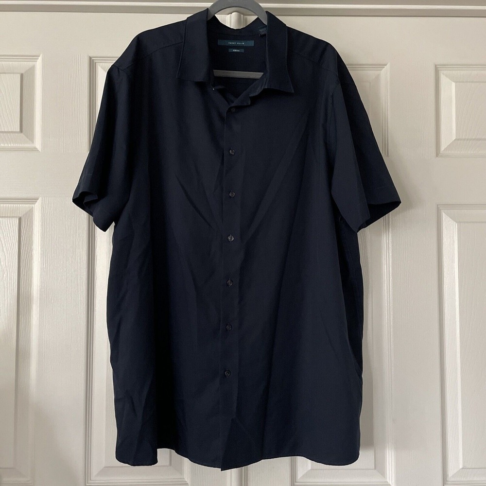 Perry Ellis Mens Button Up Shirt Size 2X Short Sleeve Blue Stretch Classic